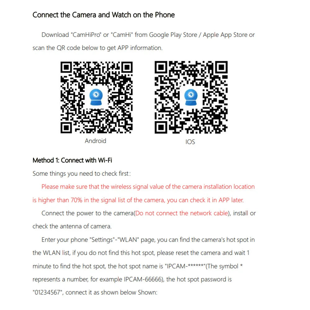 Instructional diagram showing two QR codes for downloading camera apps for Android and iOS devices.