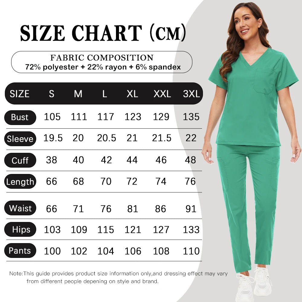 Model wearing a jade green v-neck scrub top and matching trousers next to a size chart in centimetres.