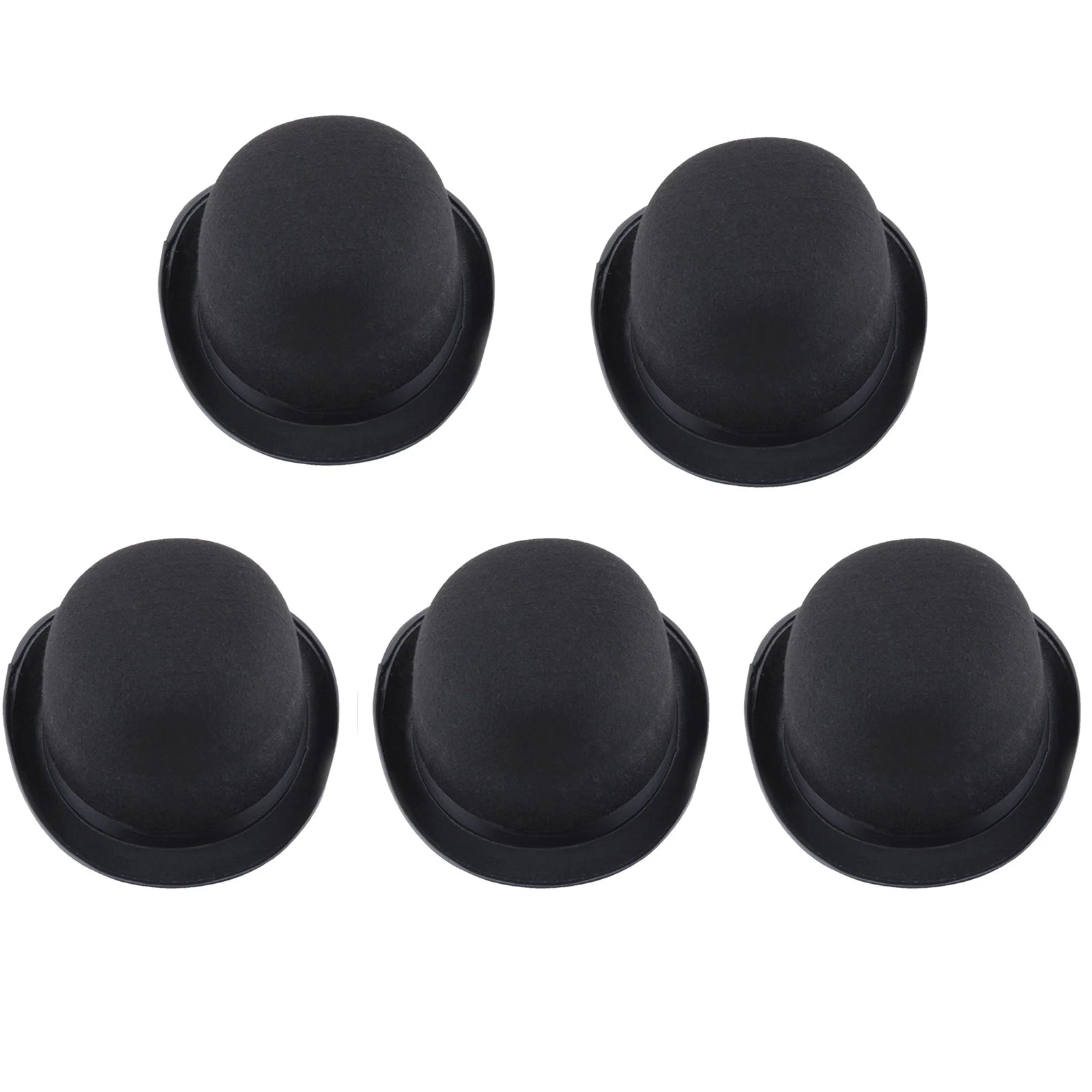 Five classic black bowler hats with rounded crowns and short, curved brims, arranged against a white background.