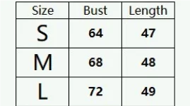 Clothing size chart showing bust and length measurements in cm for sizes small, medium, and large.
