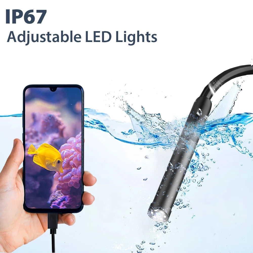 Waterproof industrial inspection camera with adjustable LED lights connected to a smartphone displaying an underwater scene.