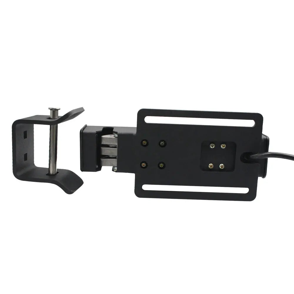 Black metal desk clamp and monitor mounting bracket with screw adjustment and integrated cable.