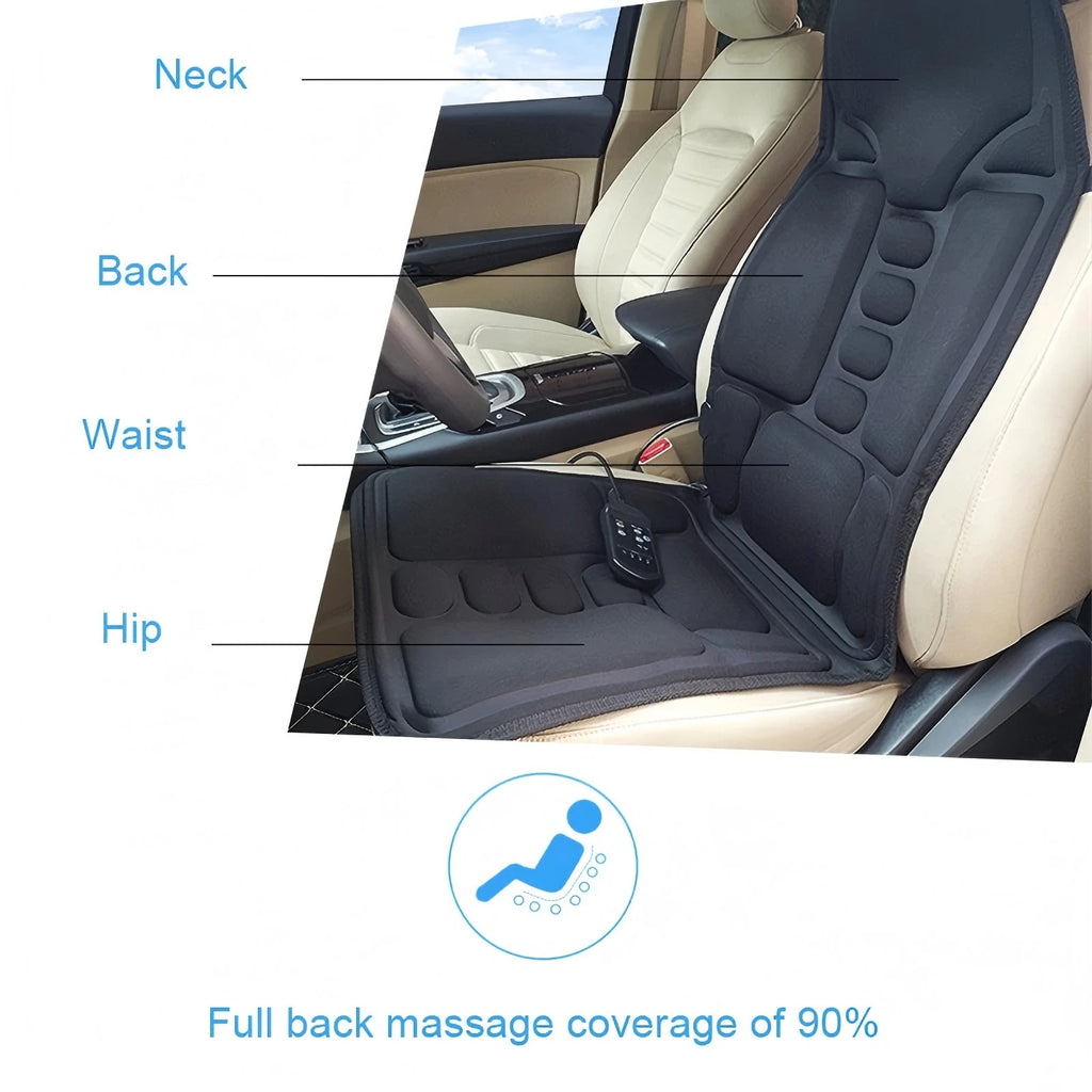 Black, ergonomic heated massage cushion shown on a car seat, targeting the neck, back, waist and hip areas.