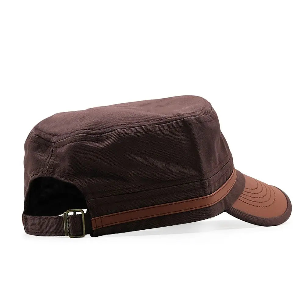 Dark brown unisex cadet-style baseball cap with contrast trim, curved peak, and adjustable metal buckle strap.