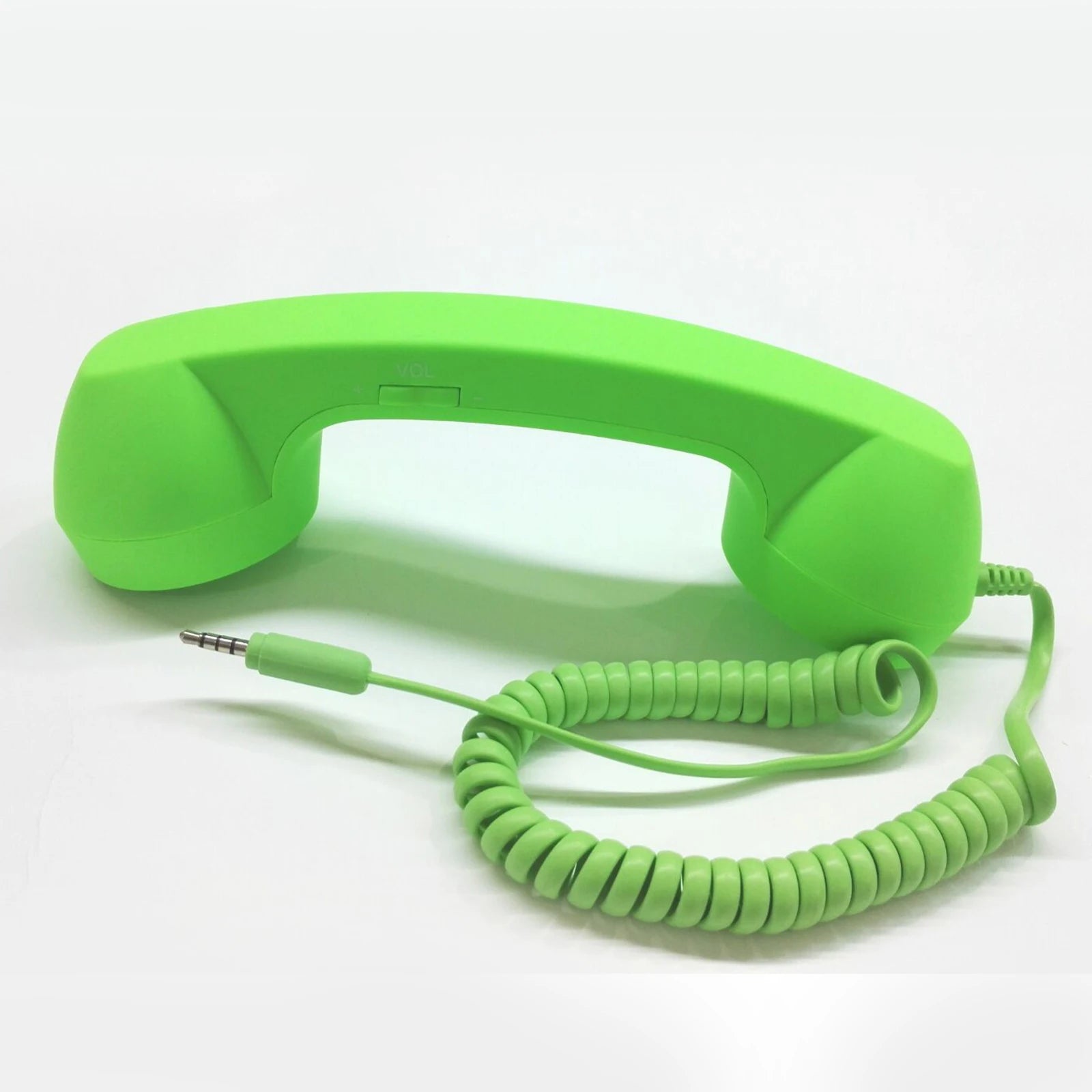 Bright lime green retro-style telephone handset with a coiled cable and 3.5mm jack plug.