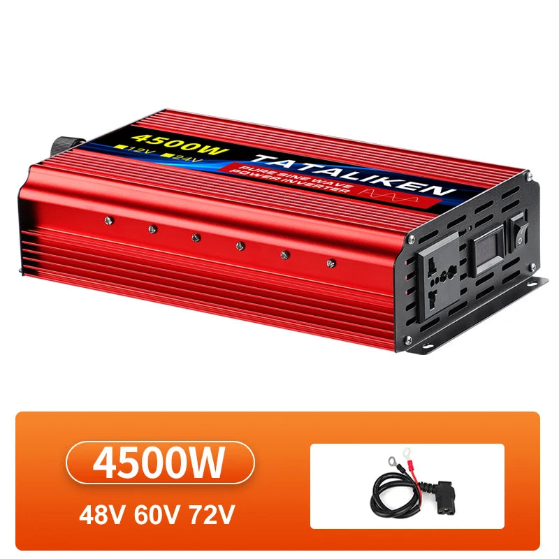 Red 4500W pure sine wave power inverter with a ribbed metal casing, AC output socket, and included connector cables.