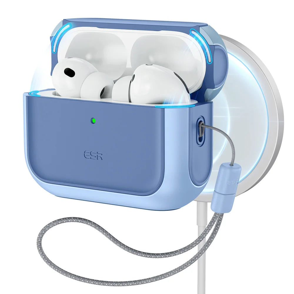 Blue ESR protective case for AirPods Pro, featuring a shockproof design and attached wrist lanyard on a charger.