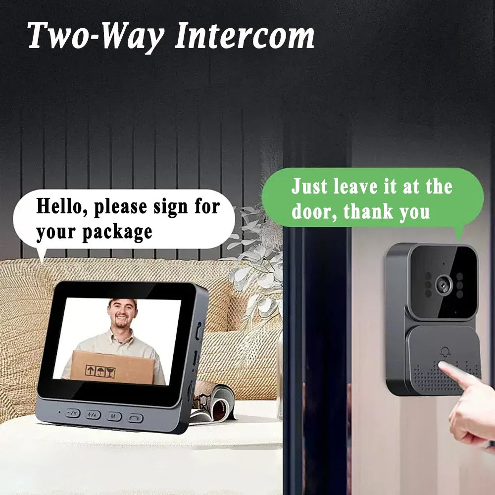 Dark grey wireless video doorbell with a 4.3-inch screen showing a person holding a parcel via two-way audio.