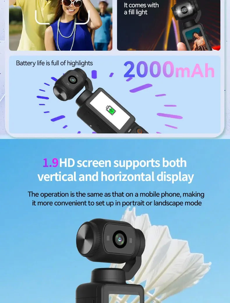 Black handheld gimbal camera with a 1.9-inch HD touchscreen, built-in fill light, and a 2000mAh battery.
