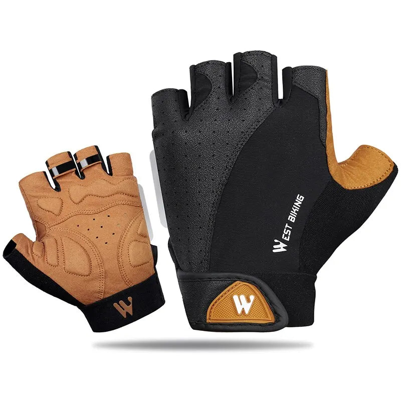West Biking fingerless cycling gloves in black and tan with padded palms and velcro wrist straps.