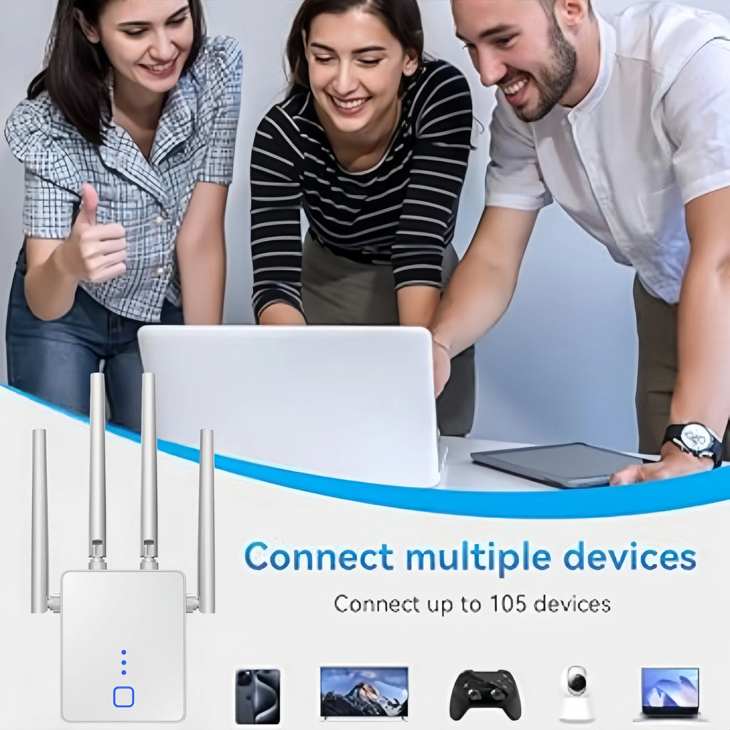 White 1200Mbps WiFi booster with four external antennae, shown with people using various connected devices.