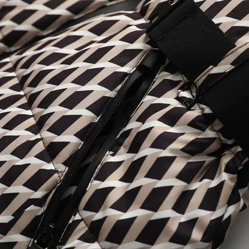 Puffer jacket with a black, beige, and white geometric diamond pattern, zip-up front, and black waist belt detail.