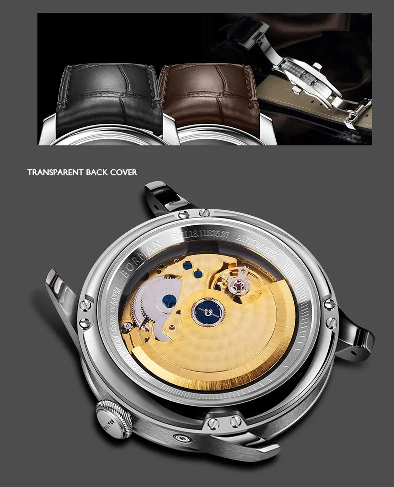 Men's automatic wristwatch featuring a transparent case back showing the gold movement and a choice of leather straps.