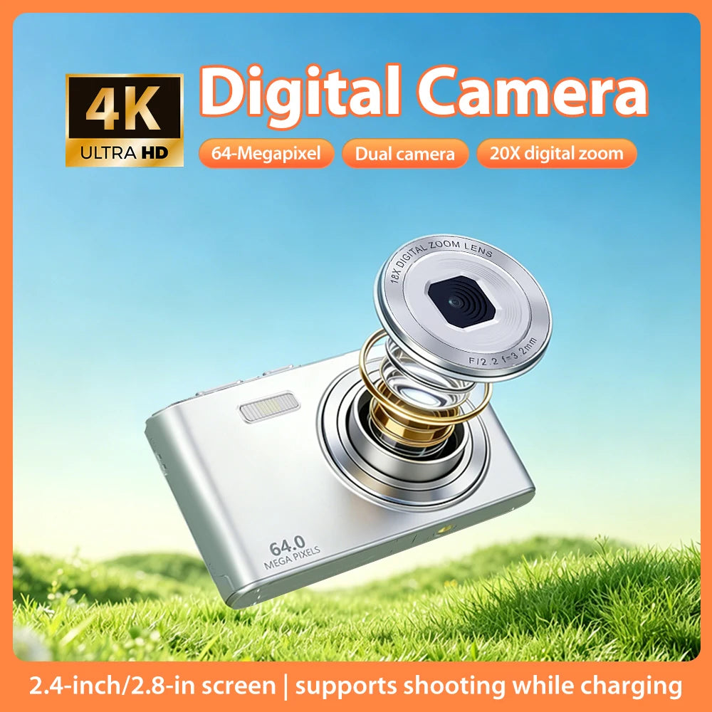 Silver 4K digital camera with an extended lens, featuring 64 megapixels and 20x digital zoom.
