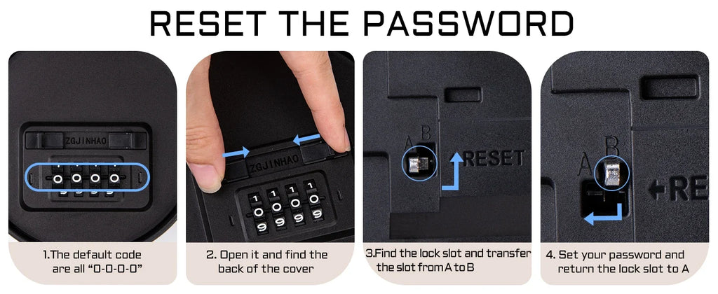 Four-step guide for resetting the password on a black plastic combination lock with a numbered dial and toggle switch.