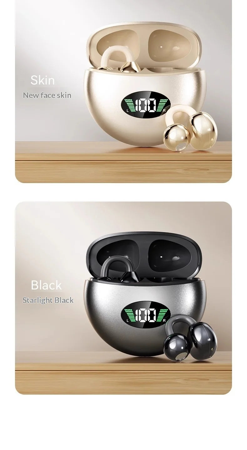 Two sets of metallic, round open-ear wireless earbuds with charging cases featuring digital battery level displays.
