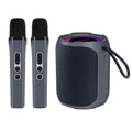 Grey portable waterproof Bluetooth speaker with 360-degree sound and two matching wireless microphones.