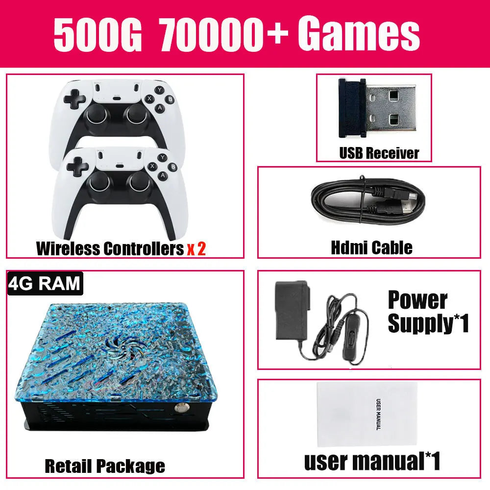 Retro video game console box in blue and black with two white wireless gamepads, cables, and power supply.