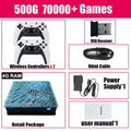 Retro video game console box in blue and black with two white wireless gamepads, cables, and power supply.
