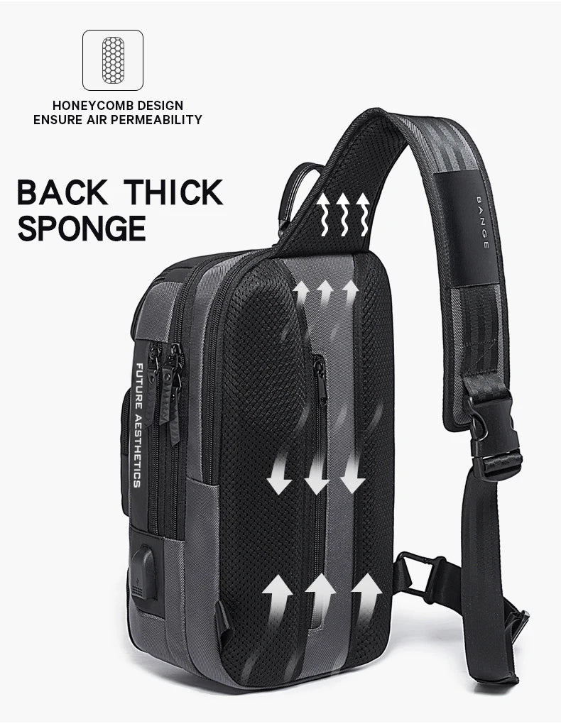 Grey and black anti-theft crossbody bag with a breathable, thick honeycomb-padded back and adjustable strap.