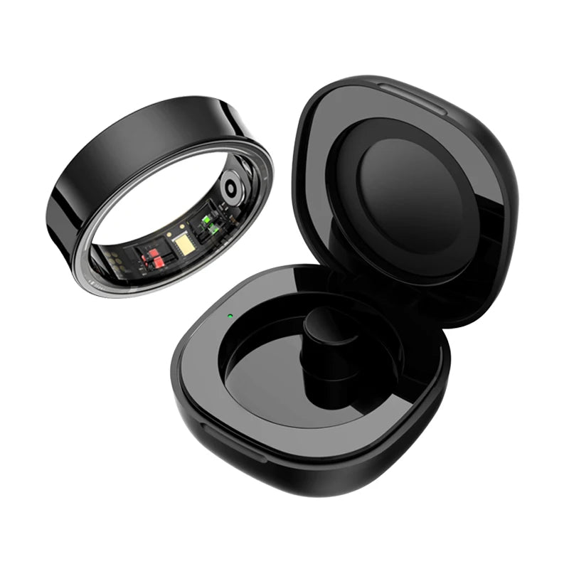 Glossy black smart health ring with underside sensors, shown with its matching open charging case.