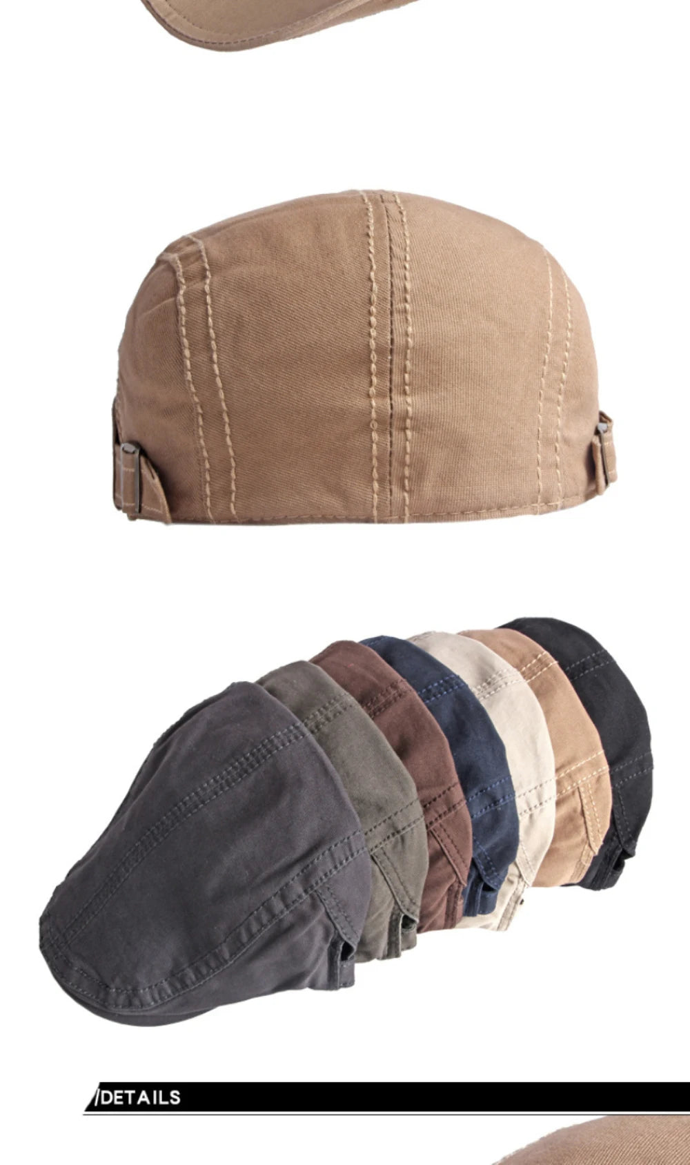 Unisex cotton flat cap with stitched detail and side adjusters, available in a range of neutral colours.