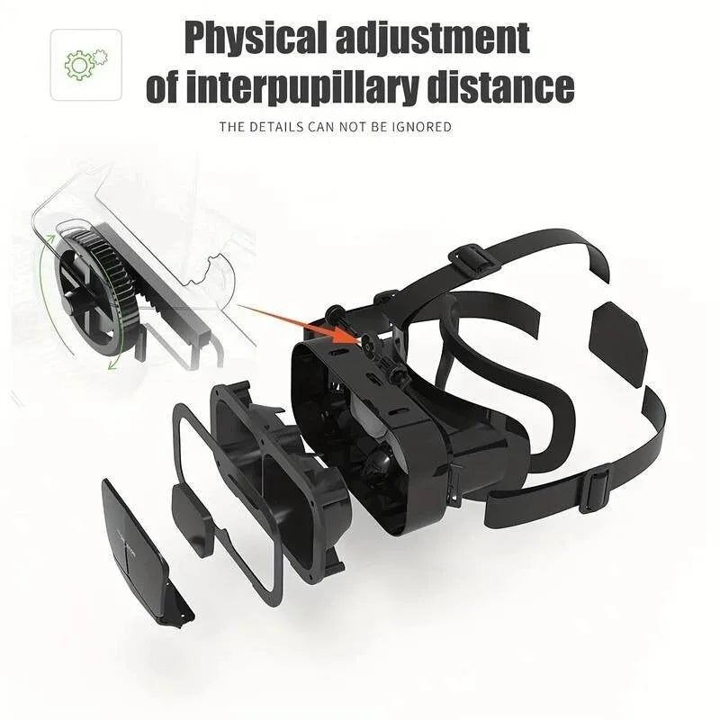 Black 3D VR smartphone headset with adjustable strap and dial for custom lens spacing for comfortable gaming.