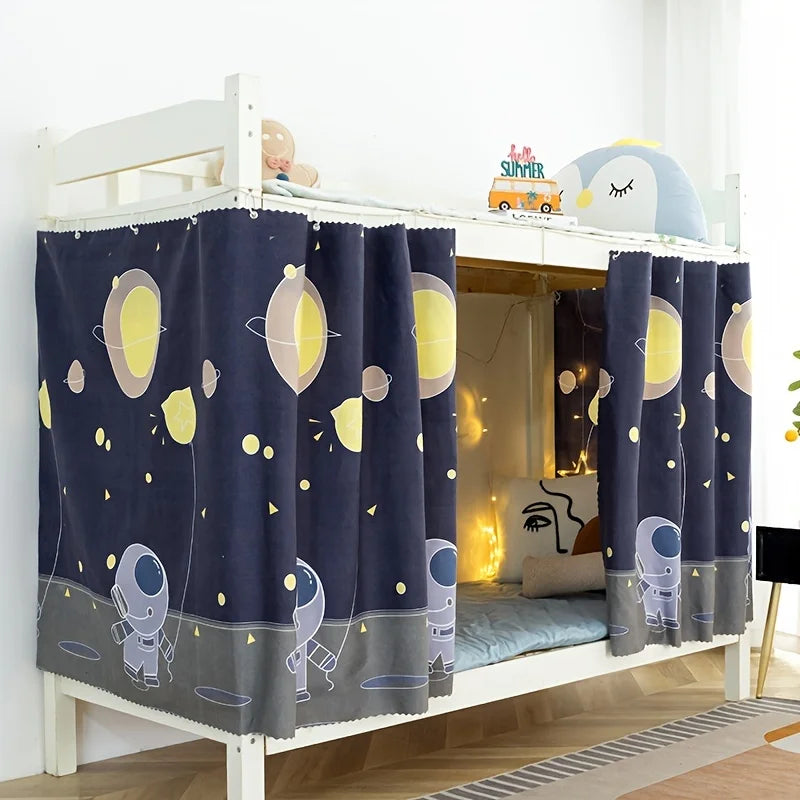 Navy blue blackout privacy curtains for a bunk bed, featuring a playful astronaut and planet space print.