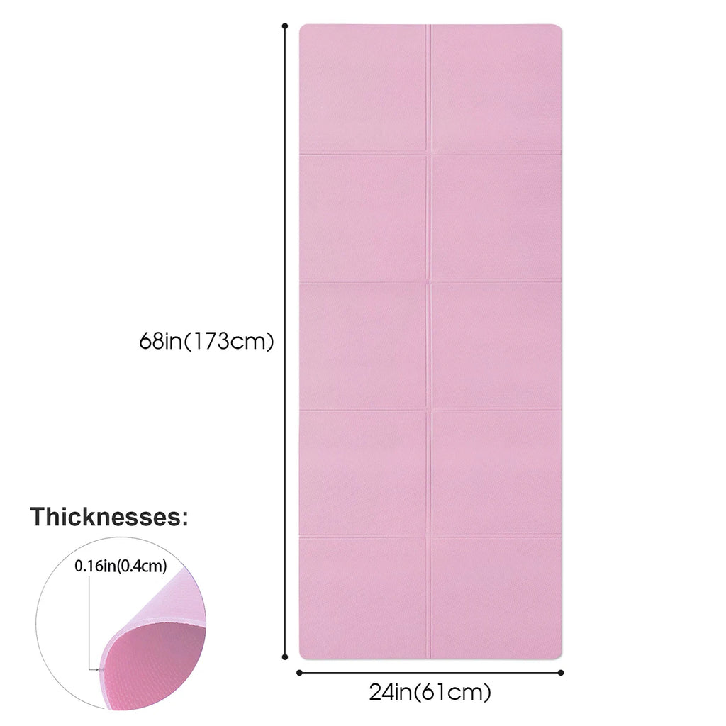 A pink foldable exercise mat measuring 173cm by 61cm with a 0.4cm thickness.