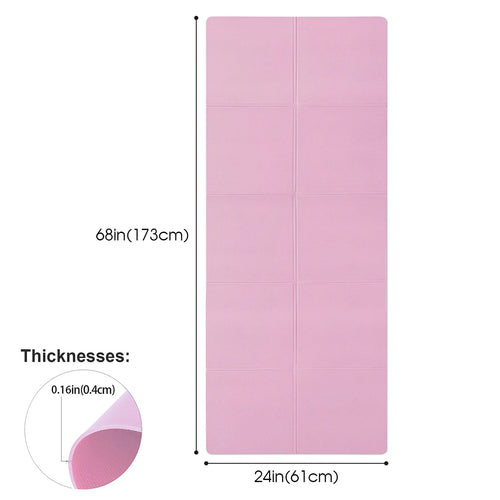 A pink foldable exercise mat measuring 173cm by 61cm with a 0.4cm thickness.