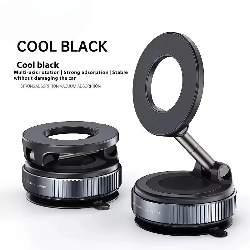 Black, circular vacuum suction car phone mount with a foldable, rotating arm and metallic ribbed base design.