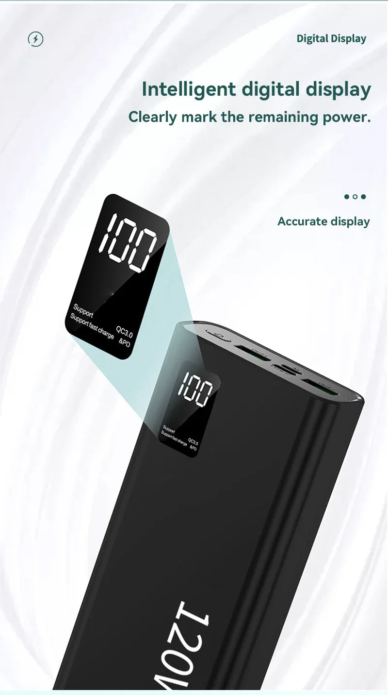 Sleek black 50000mAh portable power bank with a 120W fast-charging port and a clear digital battery percentage display.