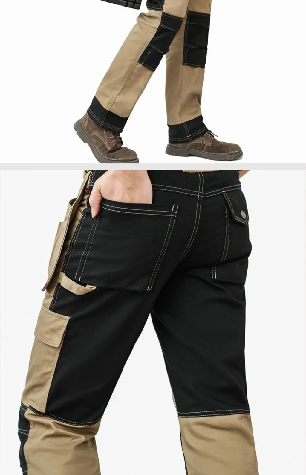 Men's beige and black colour-block cargo work trousers featuring multiple utility pockets and reinforced stitching.