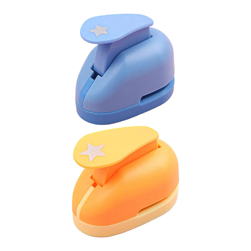 Blue and yellow star-shaped paper punch tools for crafting, isolated on a white background.