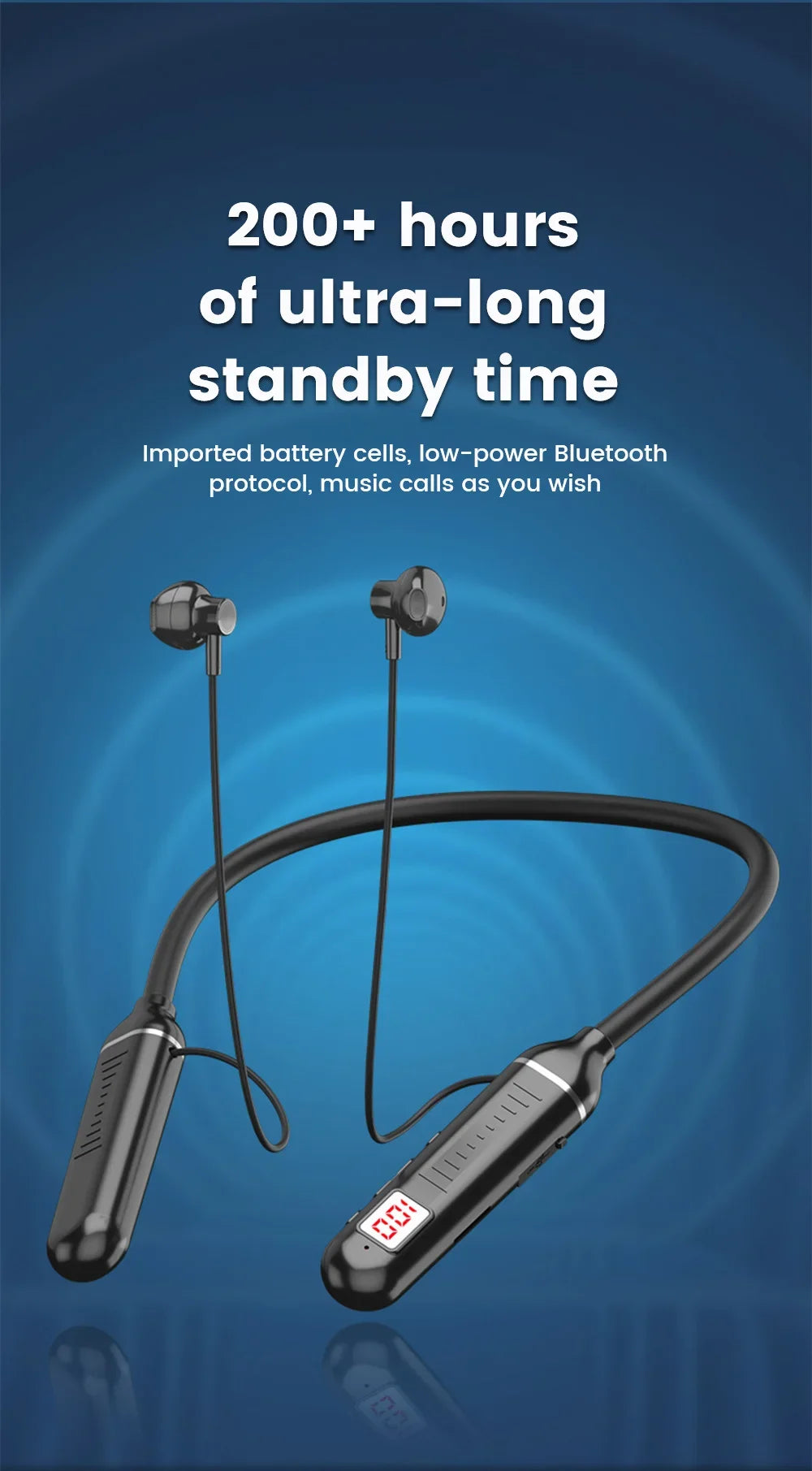Black wireless neckband earphones with a built-in LED battery display on a blue background.
