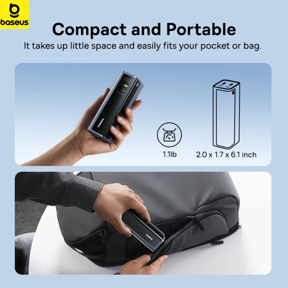 A compact, black 145W fast-charging power bank held in a hand and easily placed into a small bag.