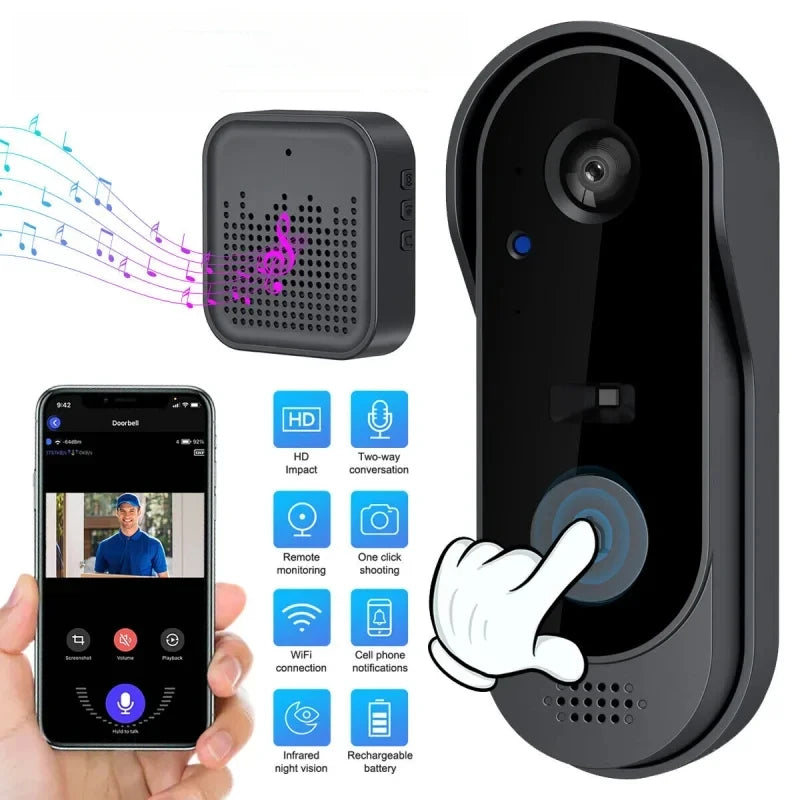 Black smart video doorbell with chime, showing smartphone app interface and key features like night vision and 2-way audio.