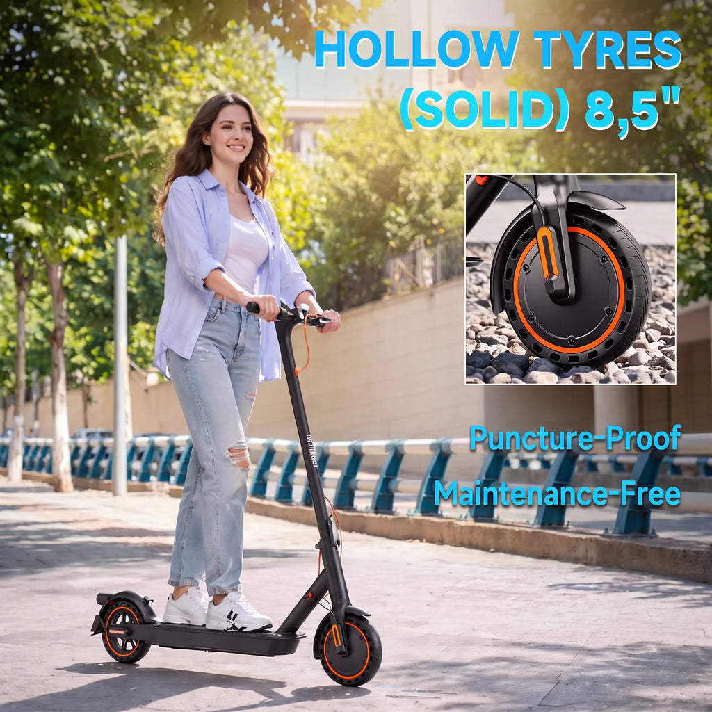 Woman riding a black electric scooter with orange accents, 8.5-inch solid tires, and a sleek folding frame.
