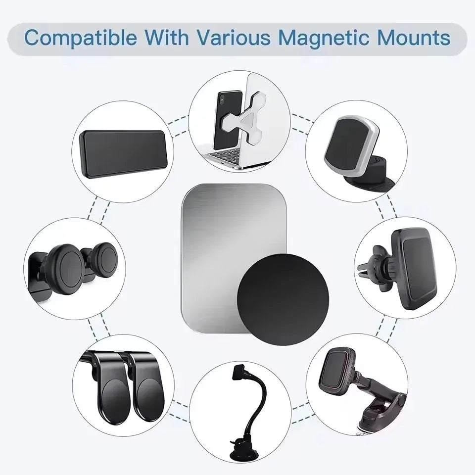Silver and black magnetic metal plates shown with various phone car mounts for universal mounting compatibility.