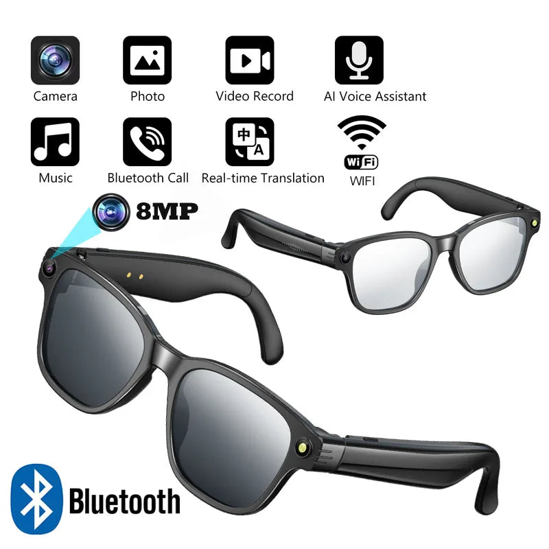 Black smart glasses with an 8MP HD camera, Bluetooth calling, AI voice assistant, and Wi-Fi features.