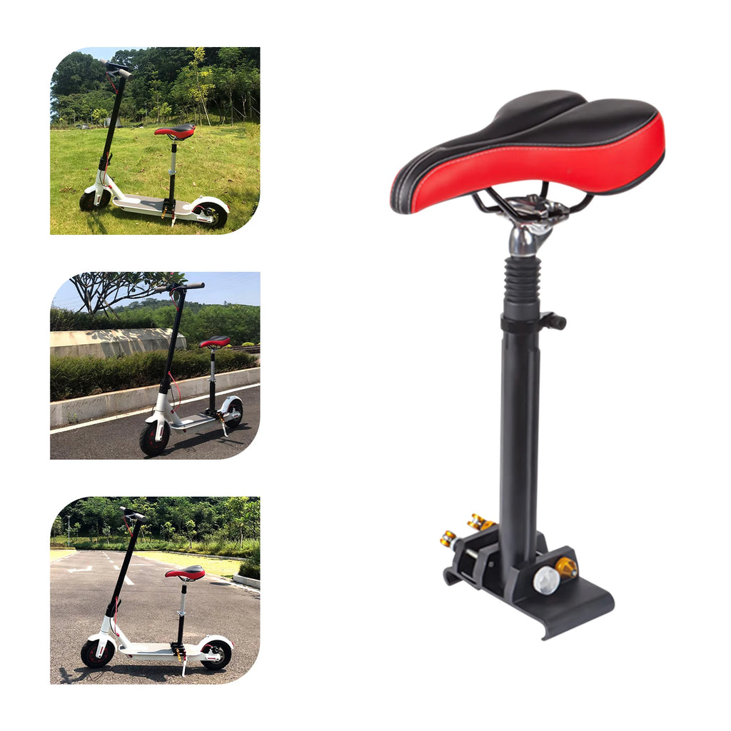 Adjustable black and red electric scooter saddle with a mounting base and suspension spring.