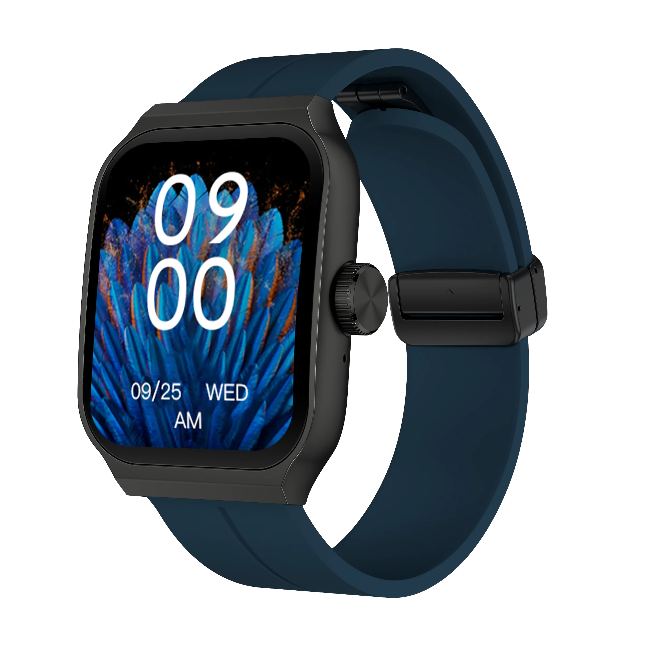 Smartwatch with a 2.01-inch curved display, black case, and deep blue silicone strap against a black background.