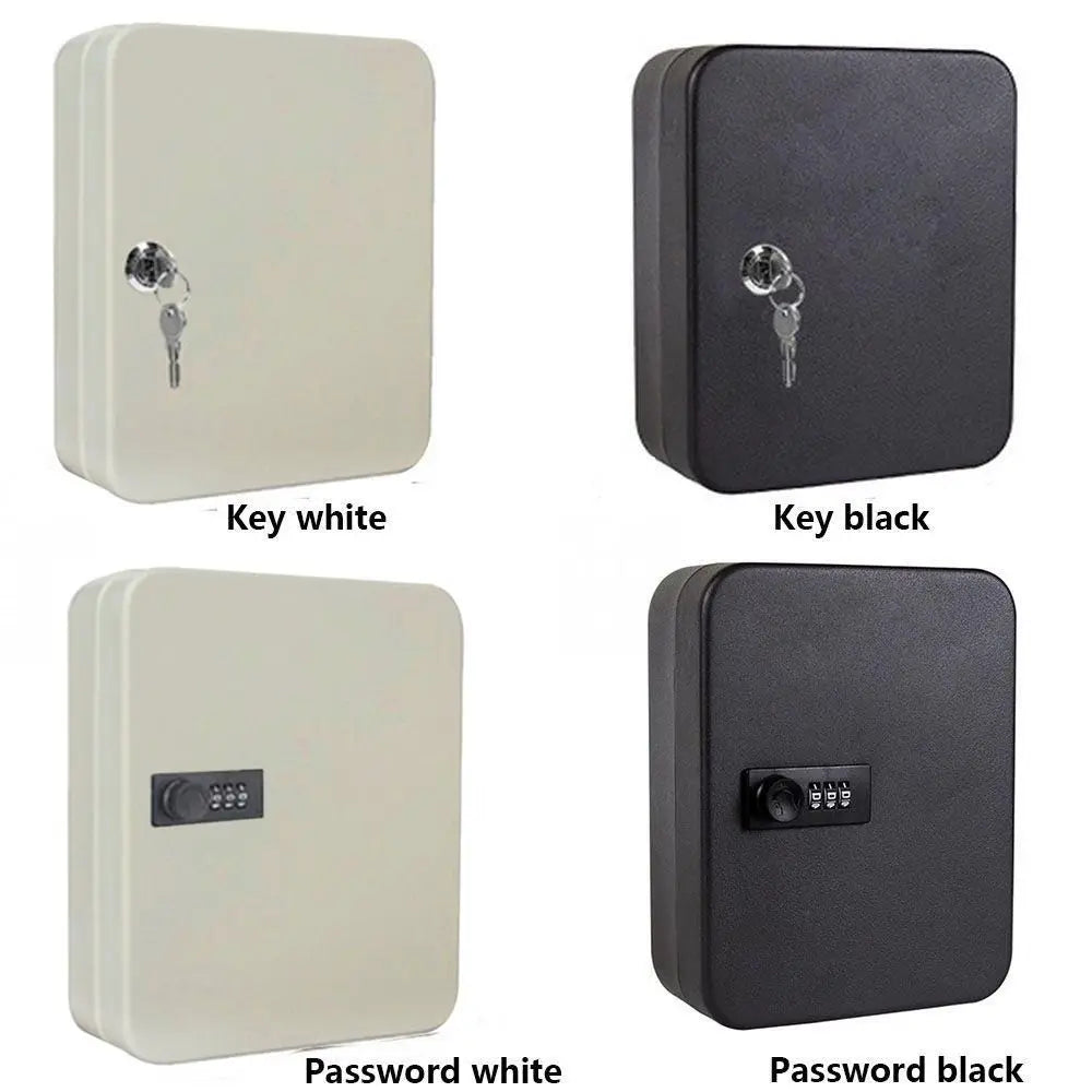 Four metal wall-mounted key storage boxes in white and black, featuring either key locks or combination password locks.