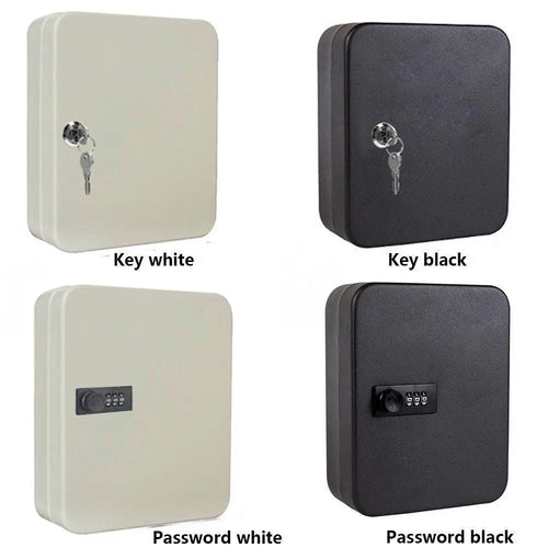 Four metal wall-mounted key storage boxes in white and black, featuring either key locks or combination password locks.