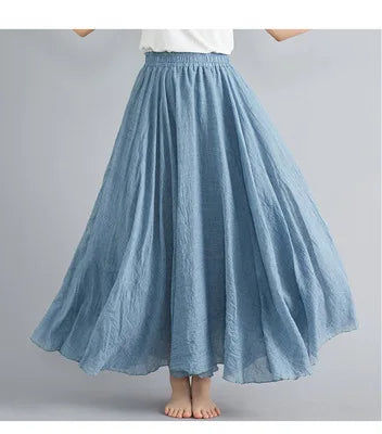 Blue linen-look maxi skirt with a comfortable elasticated waistband and a loose, flowing A-line silhouette.