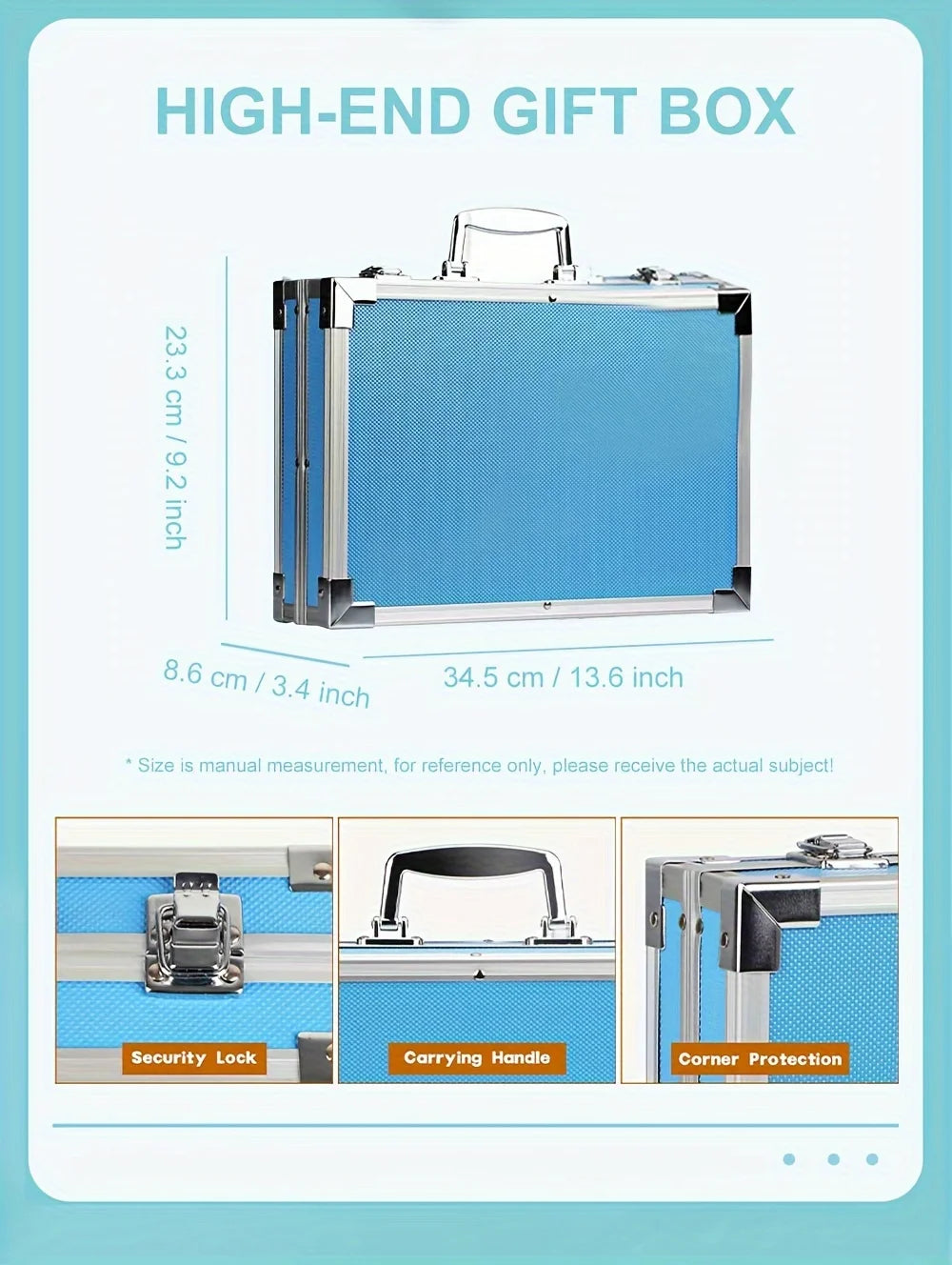 Blue, high-end metal briefcase with security locks, sturdy carry handle, and reinforced corner protectors.