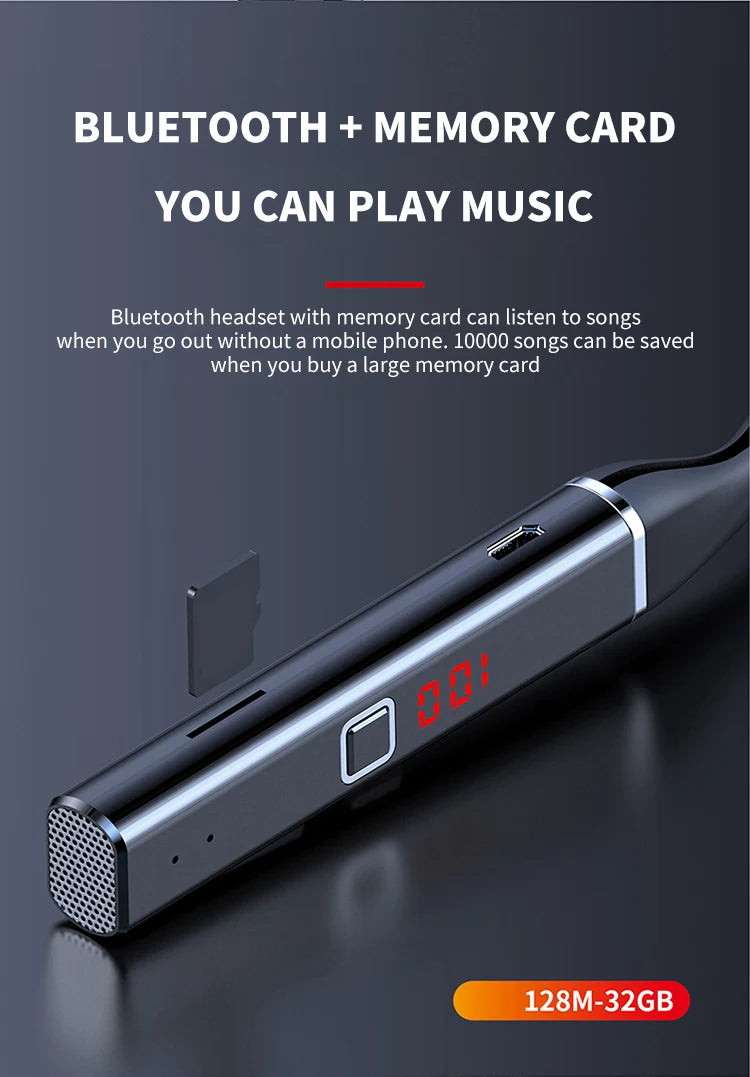Black wireless neckband headphones with a digital display and memory card slot for standalone music playback.