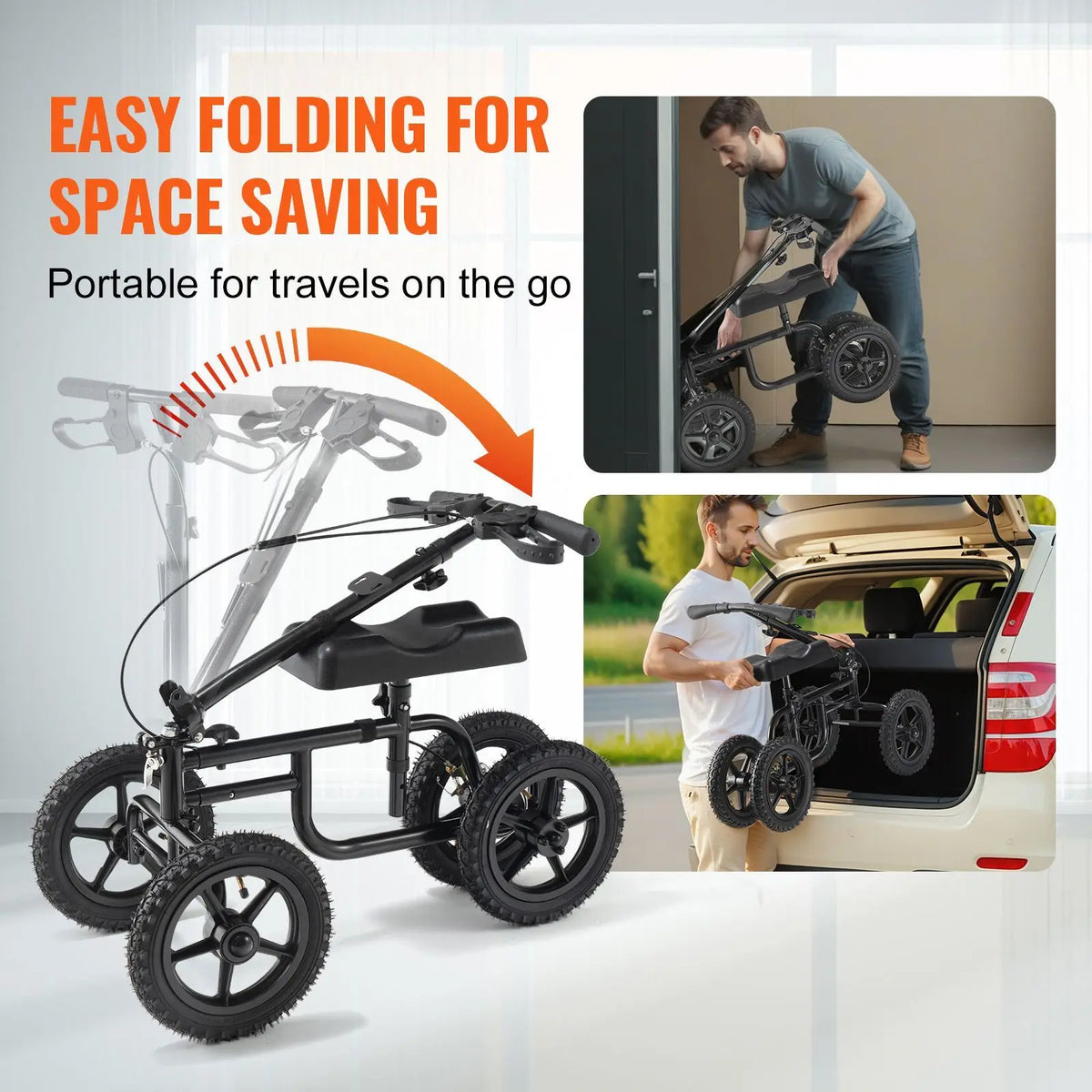 VEVOR 12" All Terrain Carbon Steel Folding Steerable Knee Scooter Walker