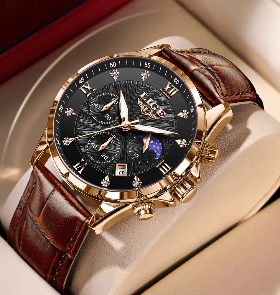 Men's rose-gold chronograph watch with a black patterned dial, crystal markers, and a brown croc-effect leather strap.