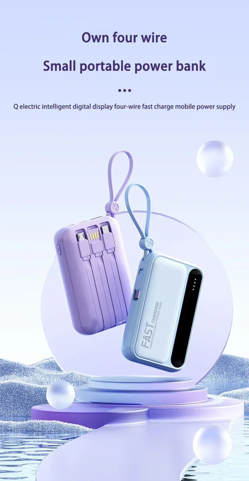 Compact purple and blue portable power banks with integrated cables, carry loops, and a digital LED display.
